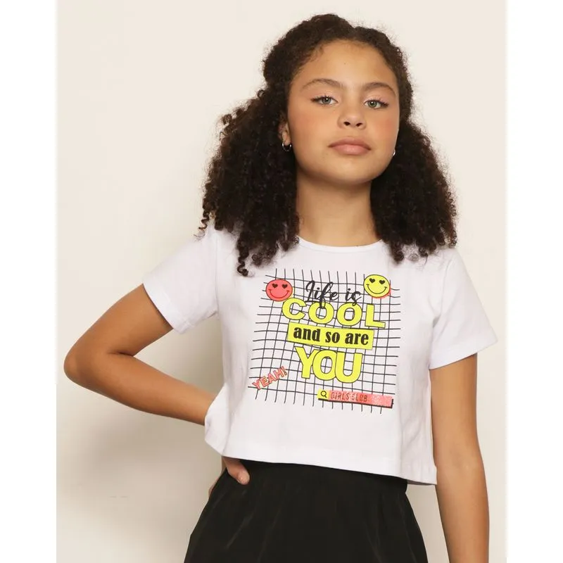 Blusa Cropped Juvenil Estampa Smilie Manga Curta Branca 12