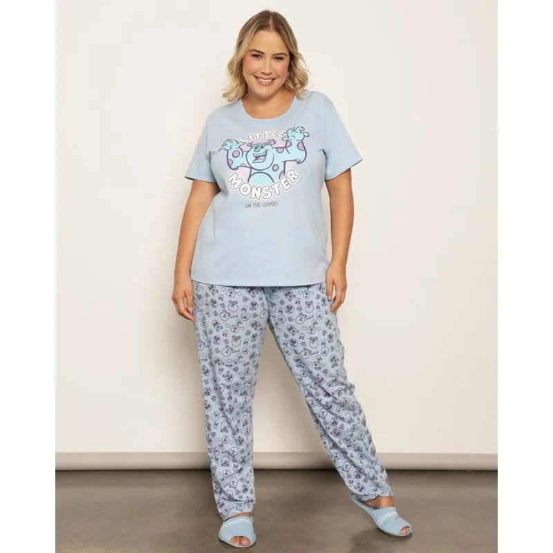 Pijama Plus Size Feminino Longo Disney Monstro S.A Manga Curta Azul 50