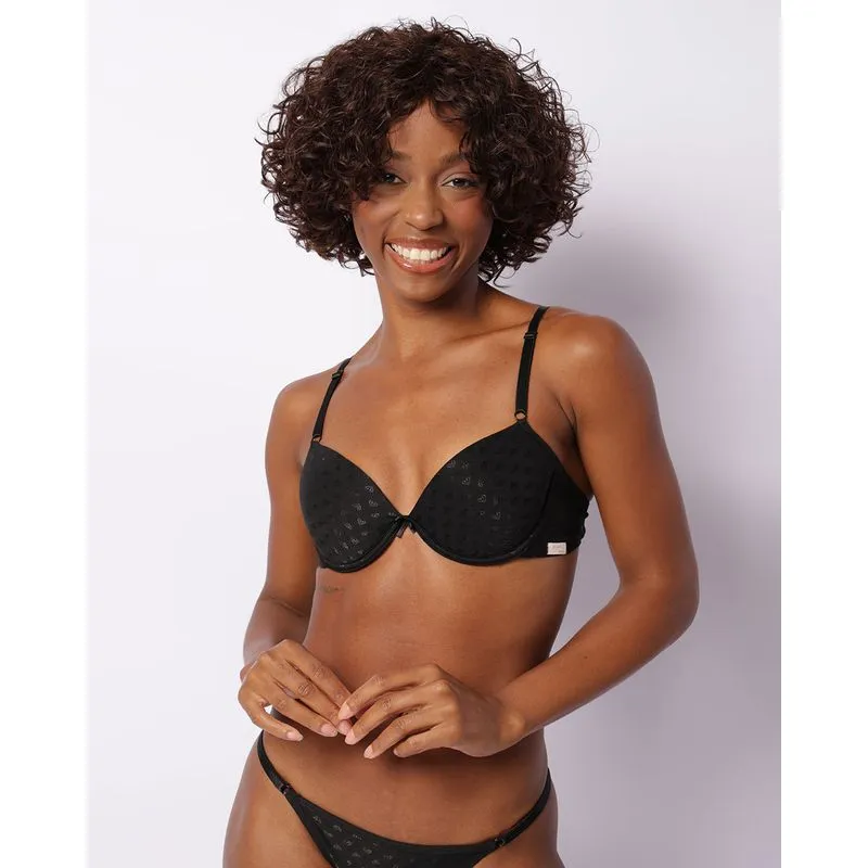 Sutiã Feminino Push Up Com Bojo Textura Corações Preto 44
