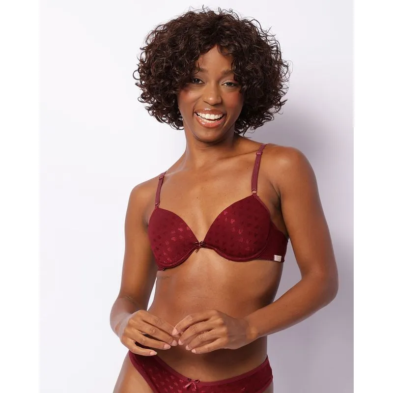 Sutiã Feminino Push Up Com Bojo Textura Corações Vinho 46