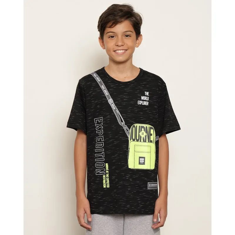 Camiseta Juvenil Flame Estampa Bolsa Manga Curta Preta 10