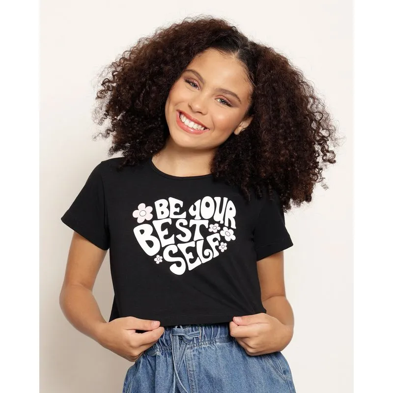 Blusa Cropped Juvenil Estampa Flores Manga Curta Preta 10