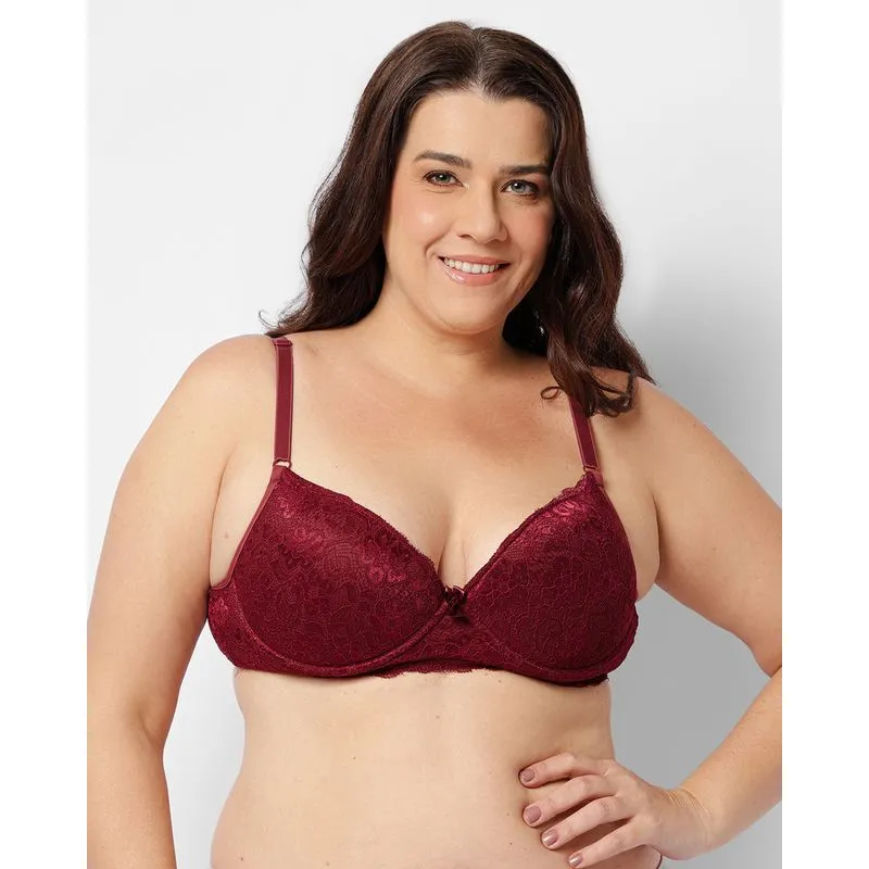 Sutiã Plus Size Feminino Base Com Bojo E Renda Vinho 48