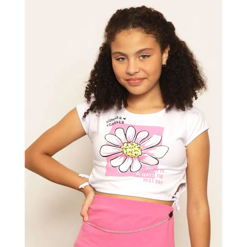 Blusa Cropped Juvenil Estampa Flor Manga Curta Branca 14