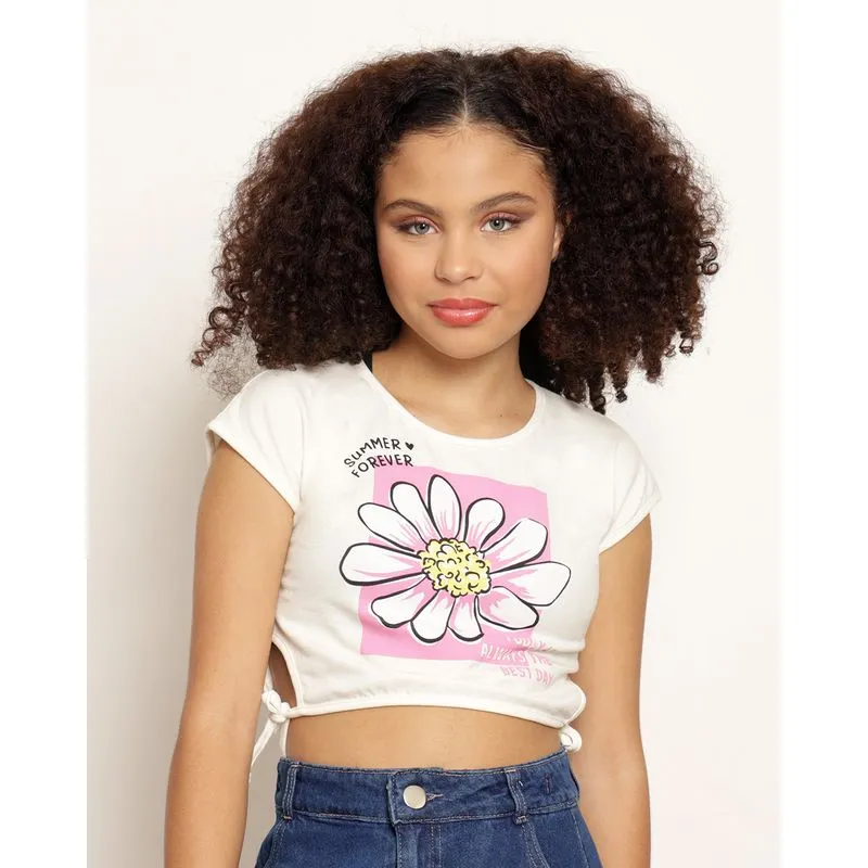 Blusa Cropped Juvenil Estampa Flor Manga Curta Off White 10