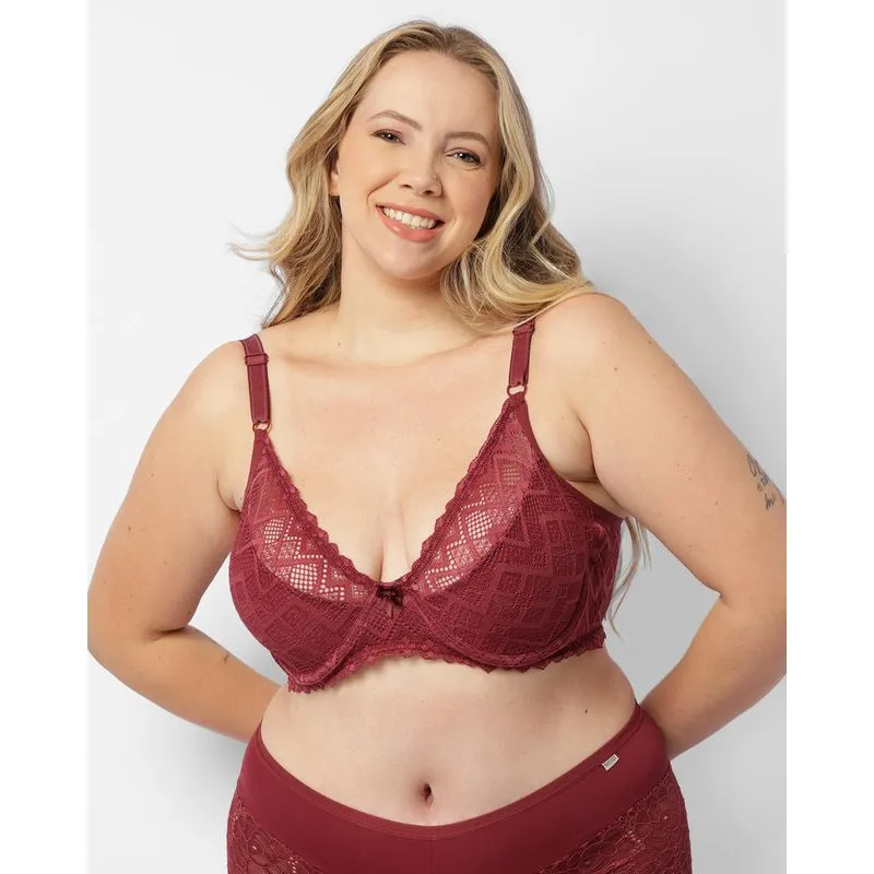 Sutiã Plus Size Feminino Sem Bojo Com Renda Vinho 46