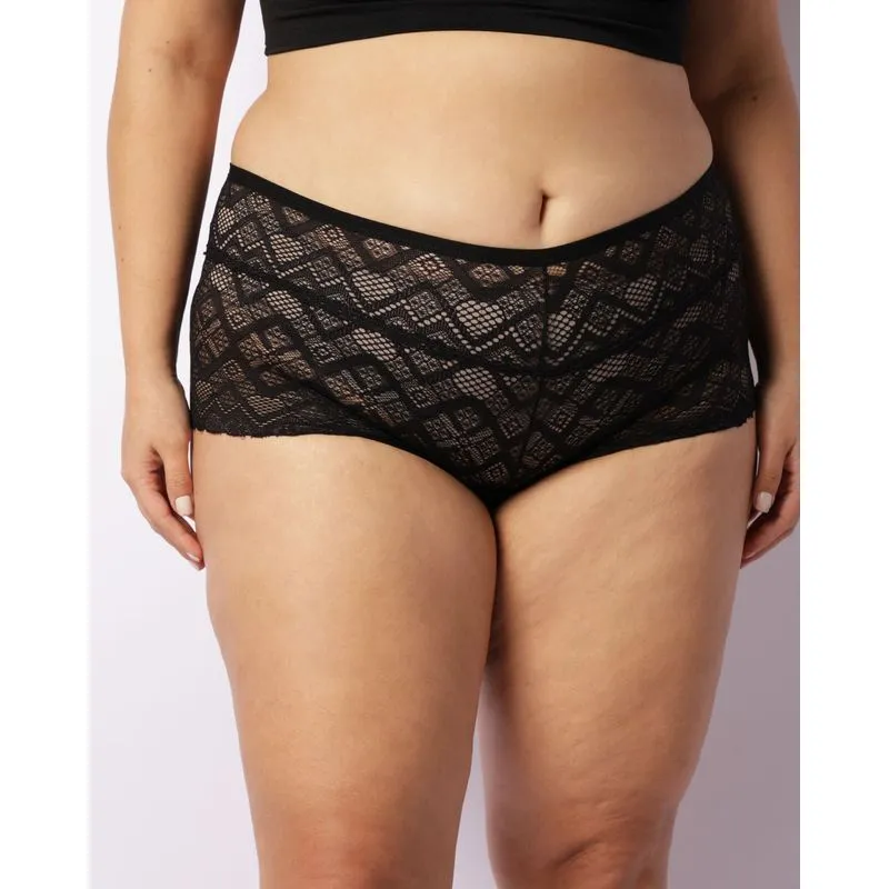 Calcinha Plus Size Feminina Caleçon Cintura Alta Com Renda Preta 50