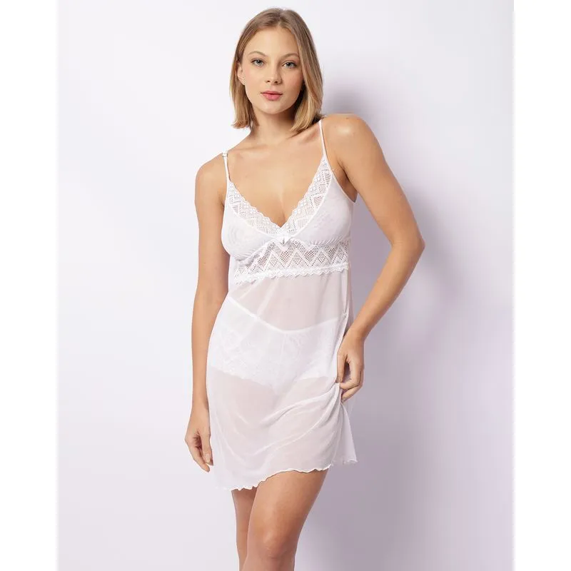 Camisola Feminina Curta Sensual Tule Renda Branco GG