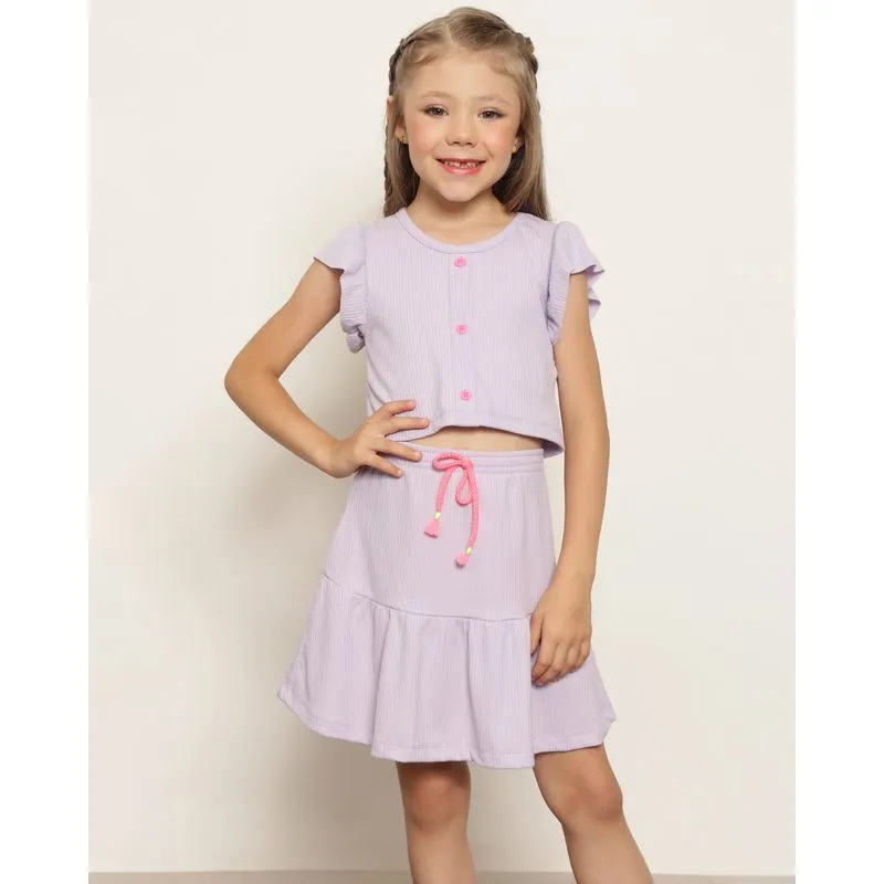 Conjunto Infantil Curto Canelado Com Babado Lilás 6