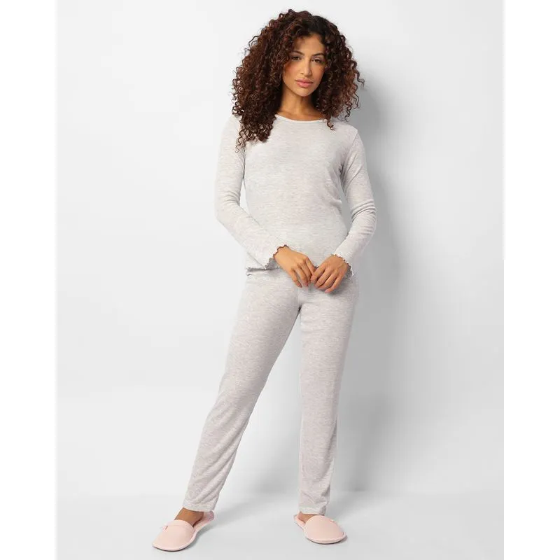 Pijama Feminino Canelado Manga Longa Cinza P