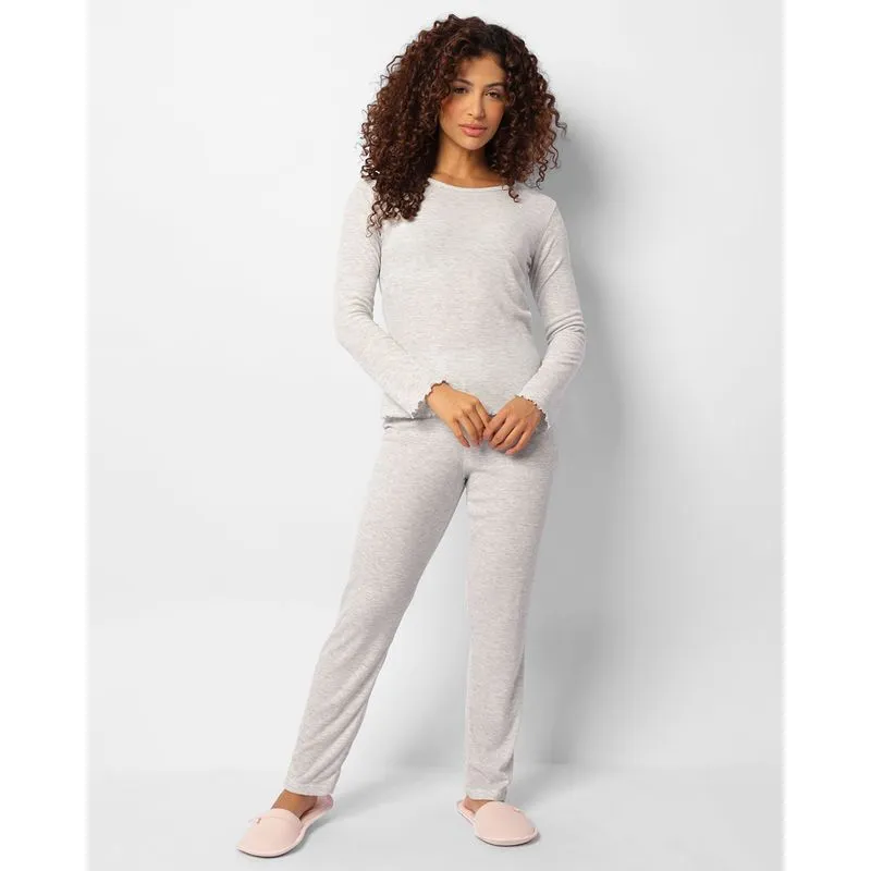 Pijama Feminino Canelado Manga Longa Cinza M