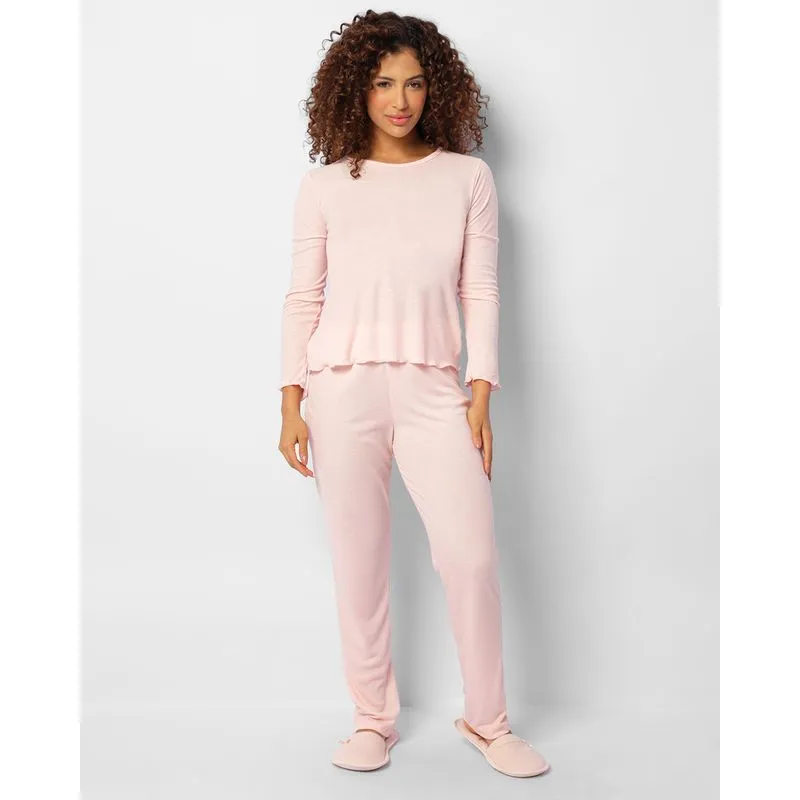 Pijama Feminino Canelado Manga Longa Rosa M