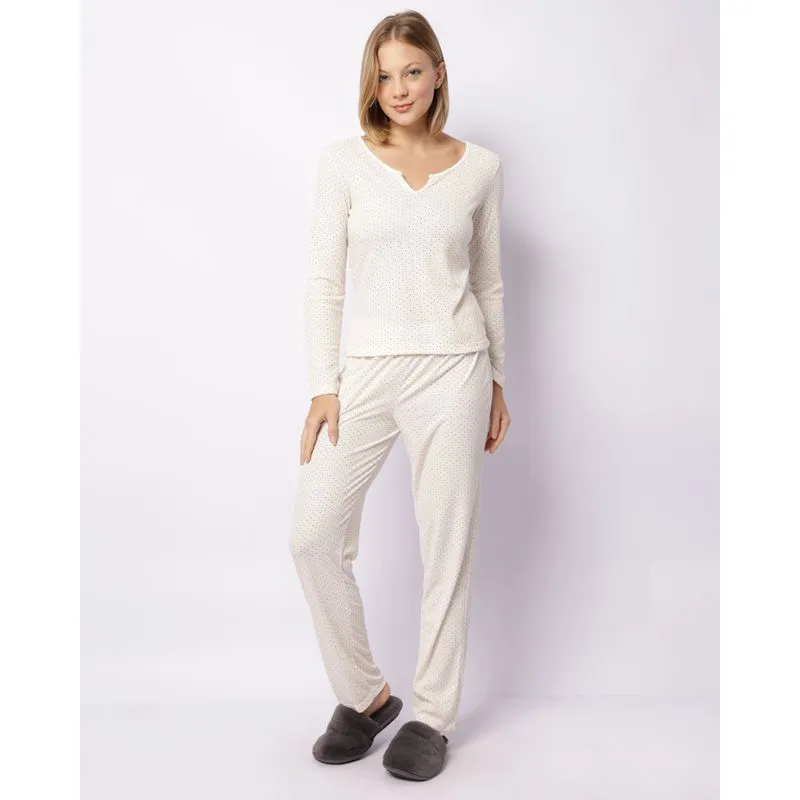 Pijama Feminino Longo Estampado Off White M