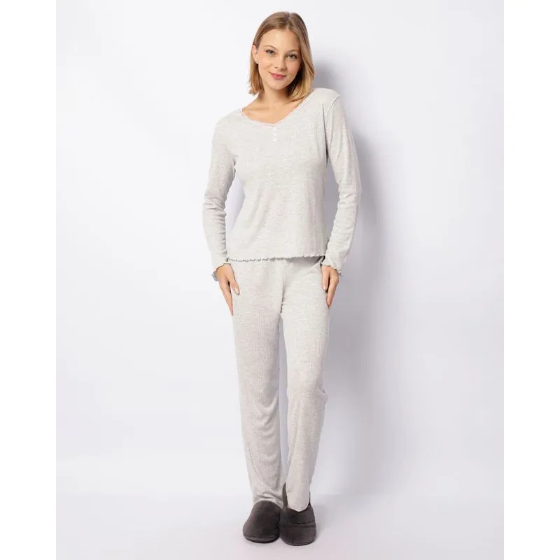 Pijama Feminino Canelado Longo Botões Decorativo Cinza G