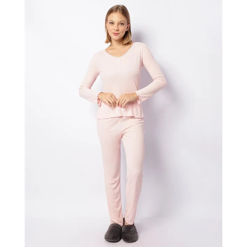 Pijama Feminino Canelado Longo Botões Decorativo Rosa P