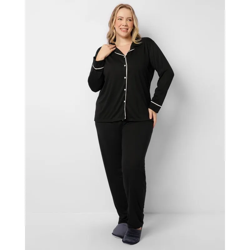Pijama Plus Size Feminino Longo Com Botões Preto 52