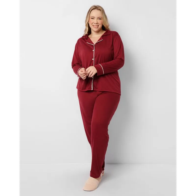 Pijama Plus Size Feminino Longo Com Botões Vinho 48