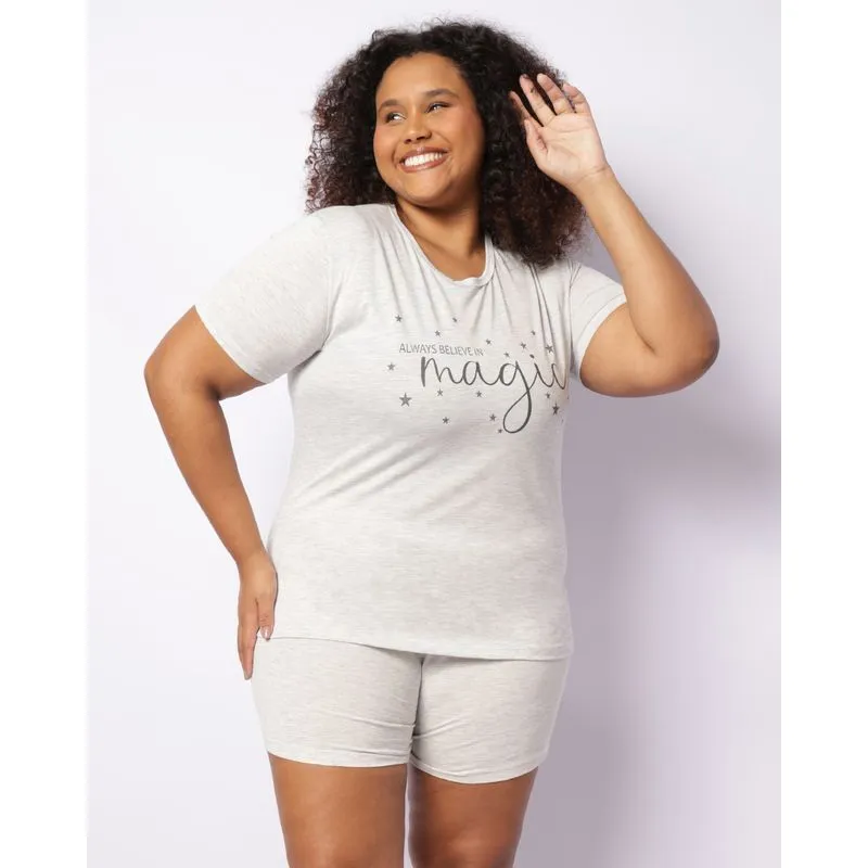 Pijama Plus Size Feminino Curto Estampa Estrela Cinza 52