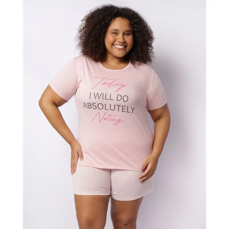 Pijama Plus Size Feminino Curto Estampa Escrita Rosa 50