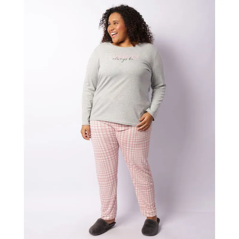 Pijama Plus Size Feminino Longo Estampa Rosa 50