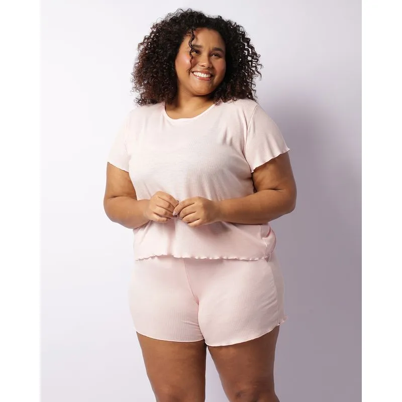 Pijama Plus Size Feminino Curto Canelado Com Frufru Rosa 48