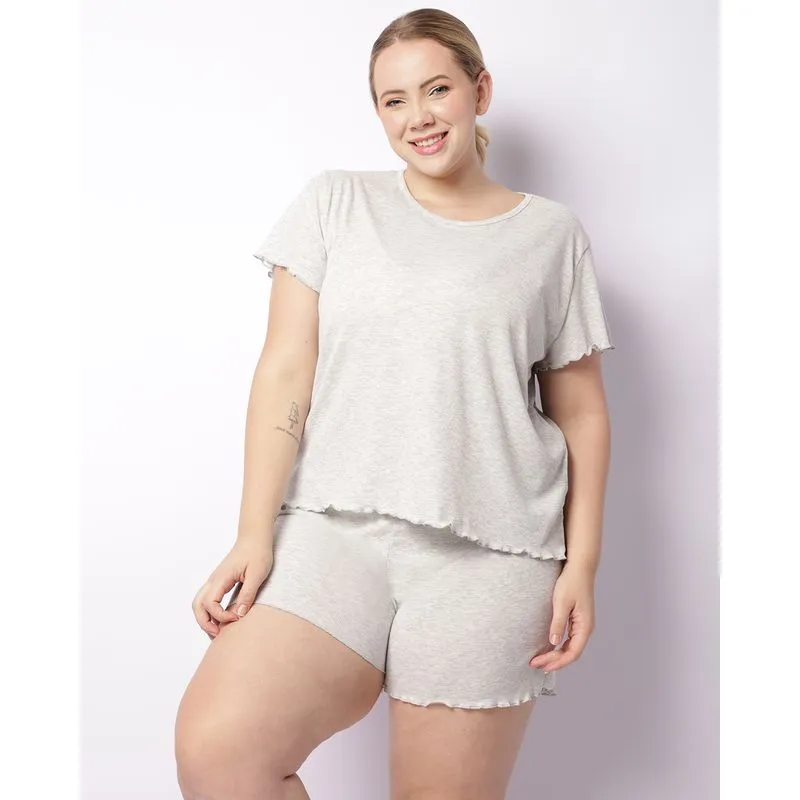 Pijama Plus Size Feminino Curta Canelado Frufru Cinza 48