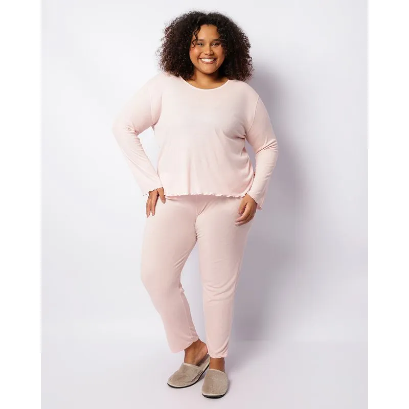 Pijama Plus Size Feminino Longo Canelado Rosa 52