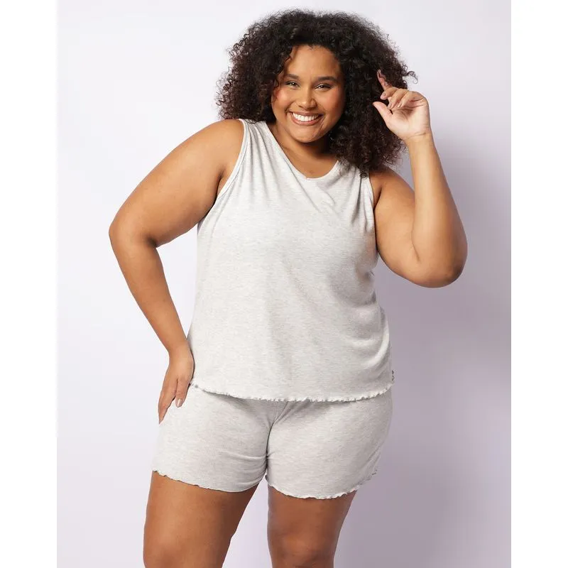 Pijama Plus Size Feminino Curto Canelado Com Frufru Cinza 48