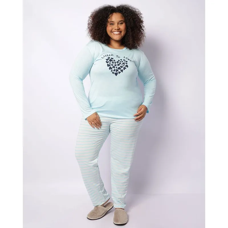 Pijama Plus Size Feminino Longo Estampa Coração Azul 48