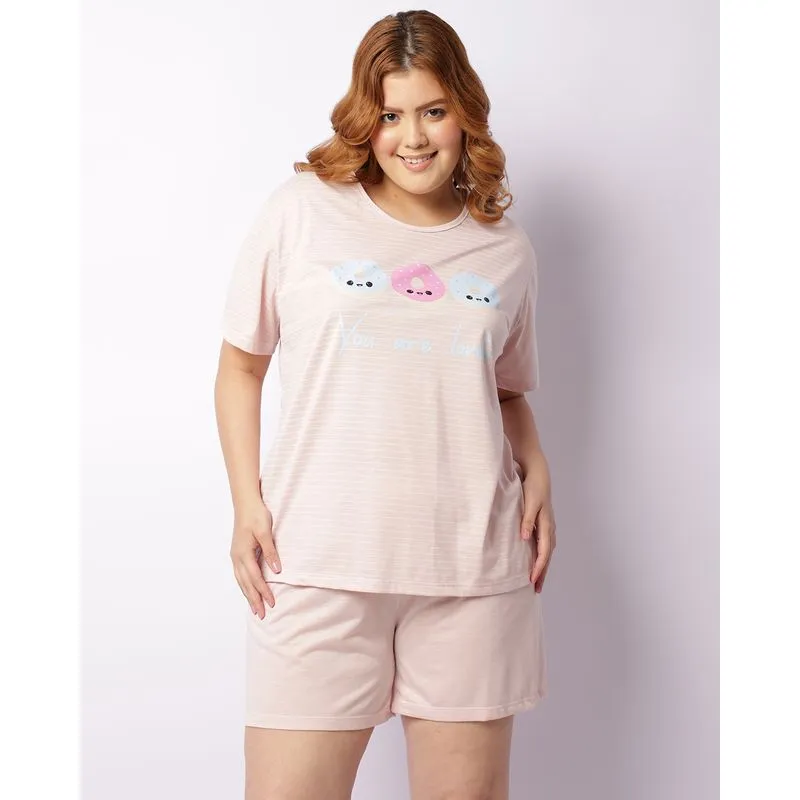 Pijama Plus Size Feminino Curto Estampa Frontal Rosa 50