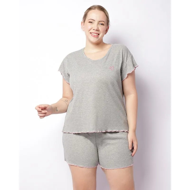 Pijama Plus Size Feminino Curto Canelado Listrado Cinza 52