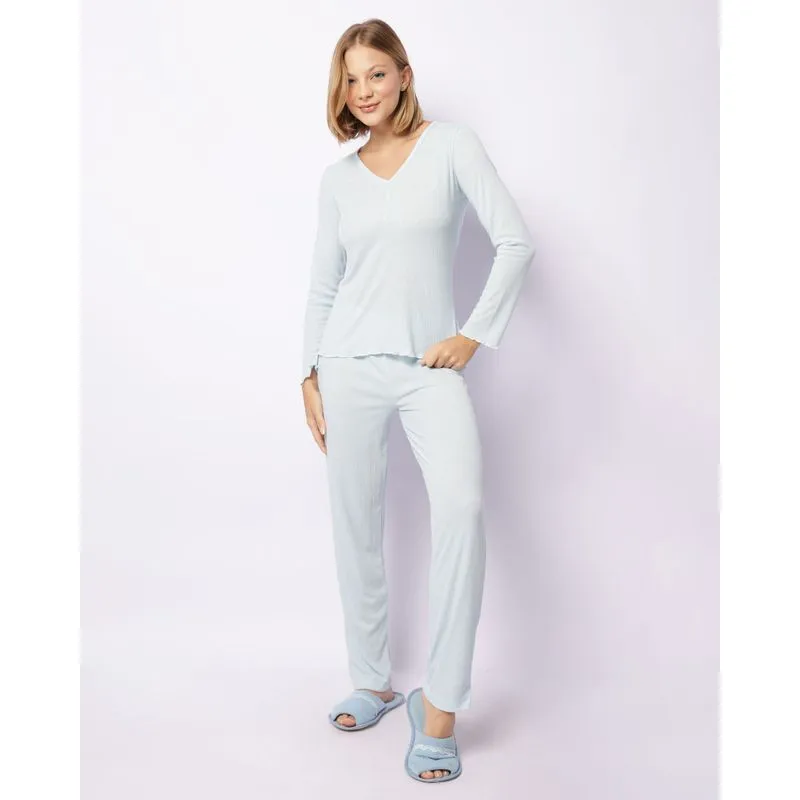 Pijama Feminino Canelado Longo Com Frufru Azul G