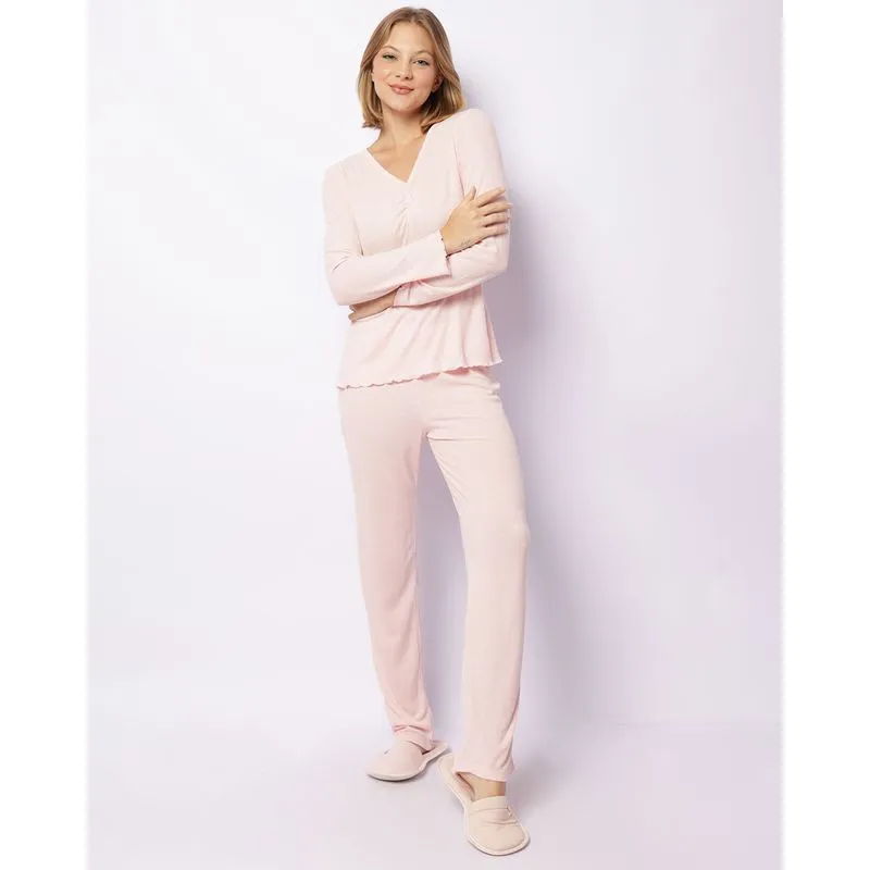 Pijama Feminino Canelado Longo Com Frufru Rosa GG