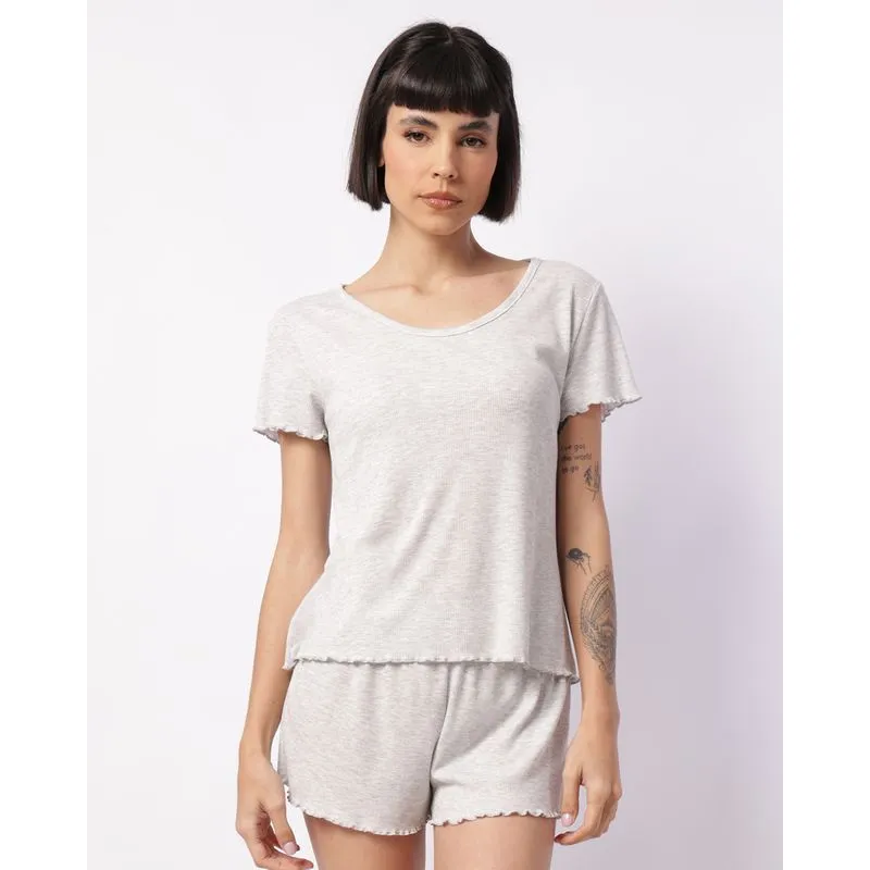 Pijama Feminino Curto Canelado Frufru Cinza M