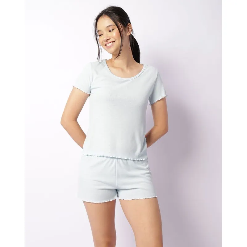 Pijama Feminino Curto Canelado Frufru Azul GG