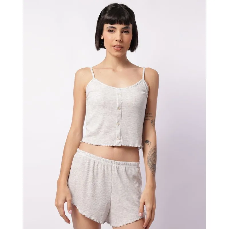 Pijama Feminino Curto Canelado Botões Decorativo Cinza M