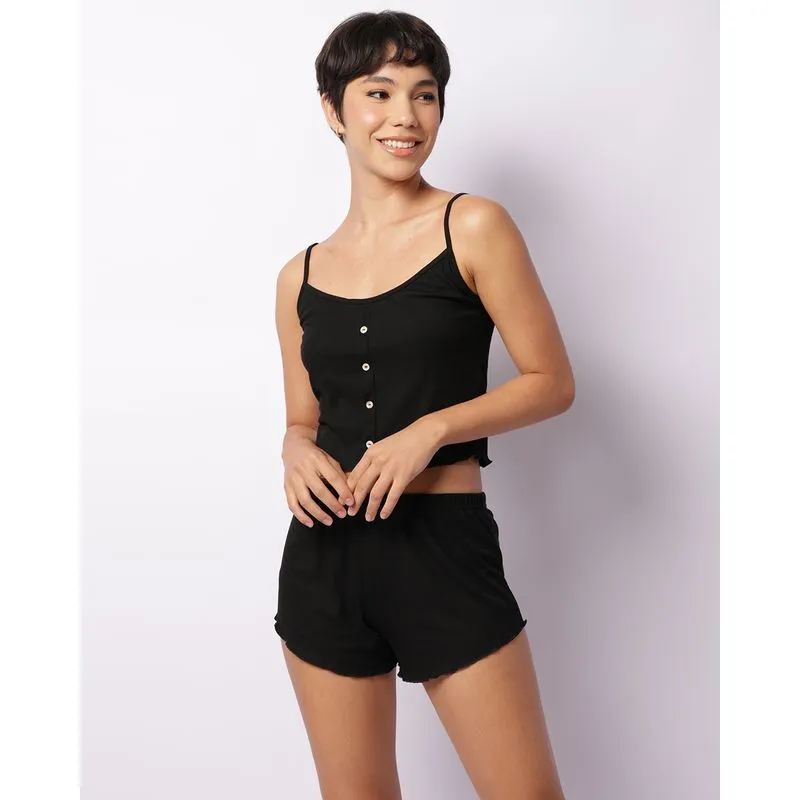 Pijama Feminino Curto Canelado Botões Decorativo Preto P