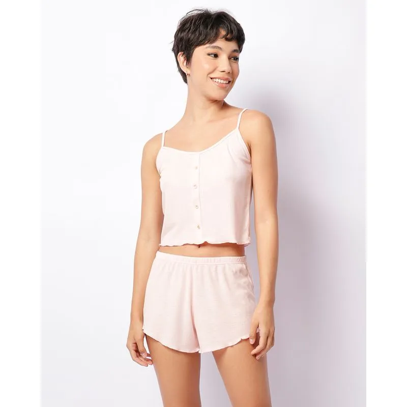 Pijama Feminino Curto Canelado Botões Decorativo Rosa GG
