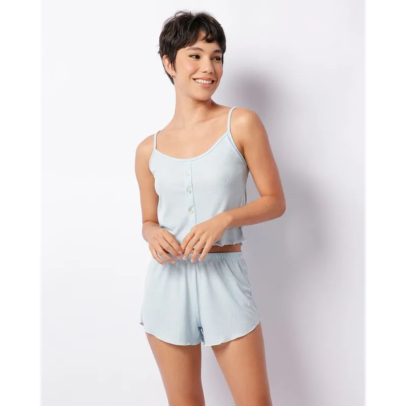 Pijama Feminino Curto Canelado Botões Decorativo Azul GG