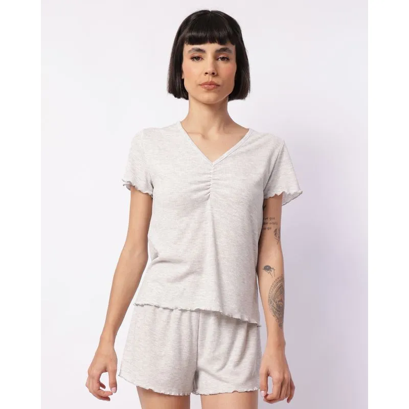 Pijama Feminino Curto Canelado Frufru Cinza GG