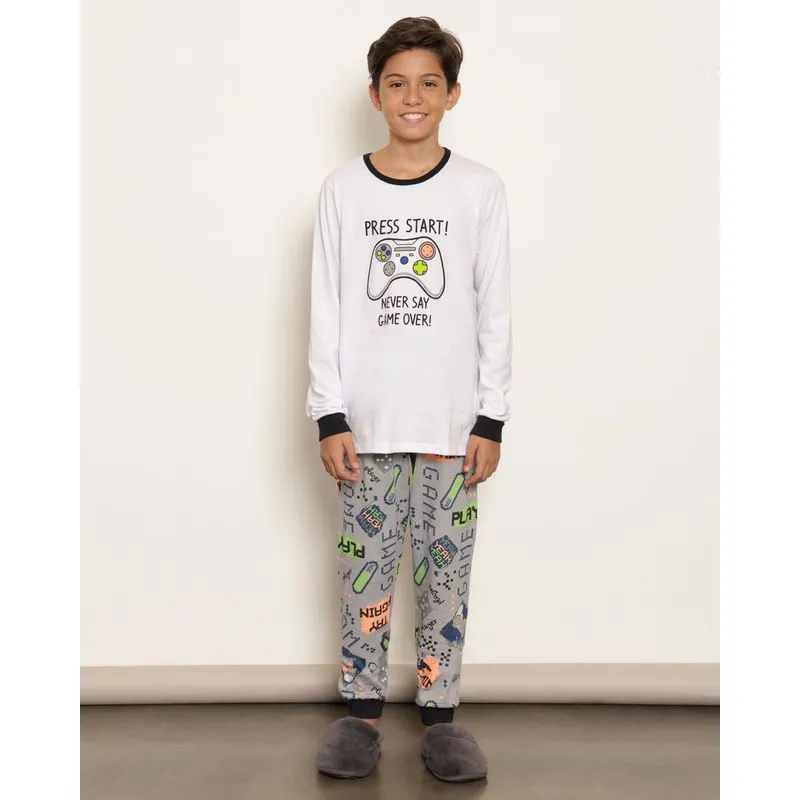 Pijama Juvenil Longo Estampa Game Branco 14