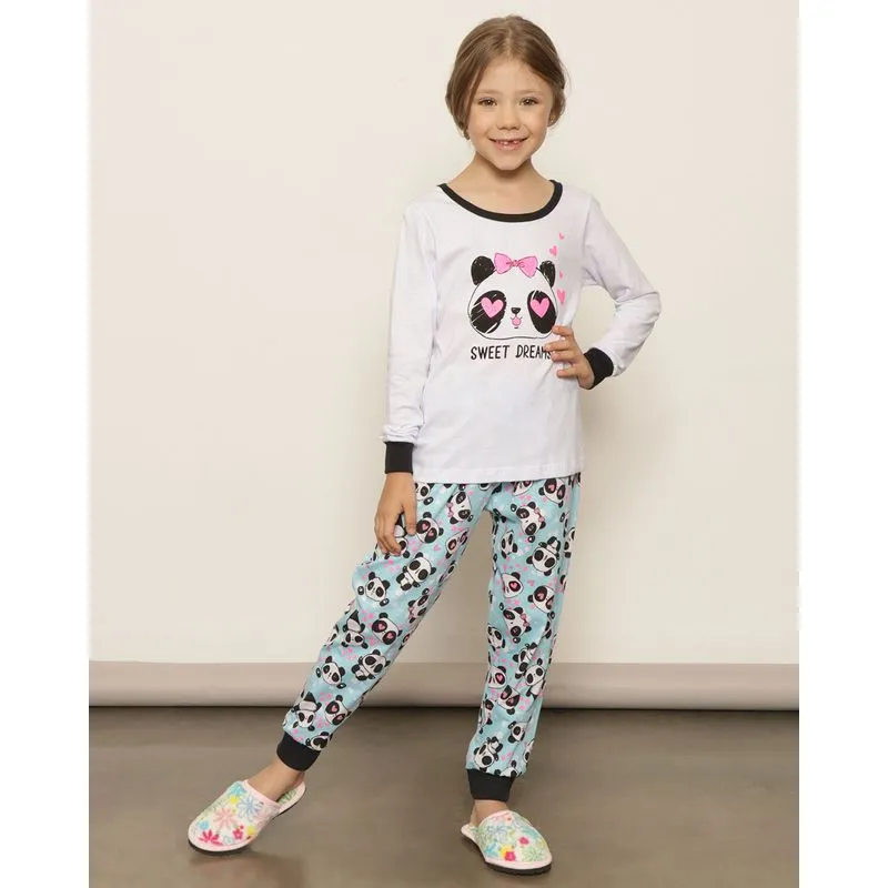 Pijama Infantil Jogger Estampa Panda Manga Longa Branco 10