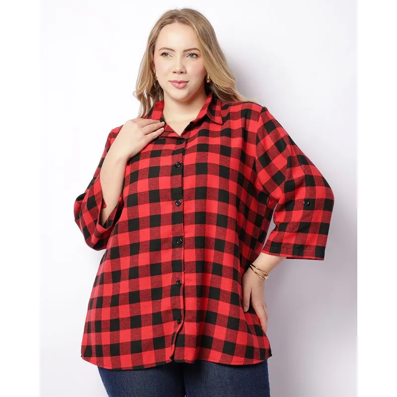 Camisa Plus Size Feminina Manga 3/4 Xadrez Vermelha G3