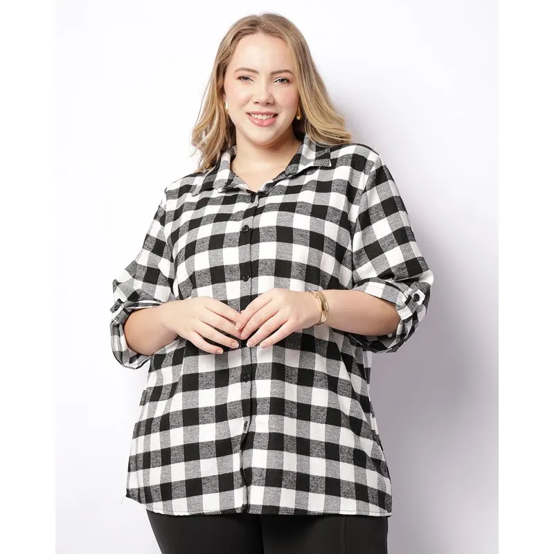 Camisa Plus Size Feminina Manga 3/4 Xadrez Preta G1