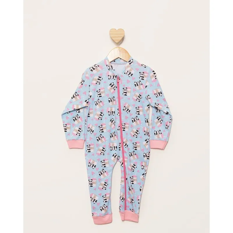 Pijama Macacão Bebê Longo Estampado Panda Azul 3
