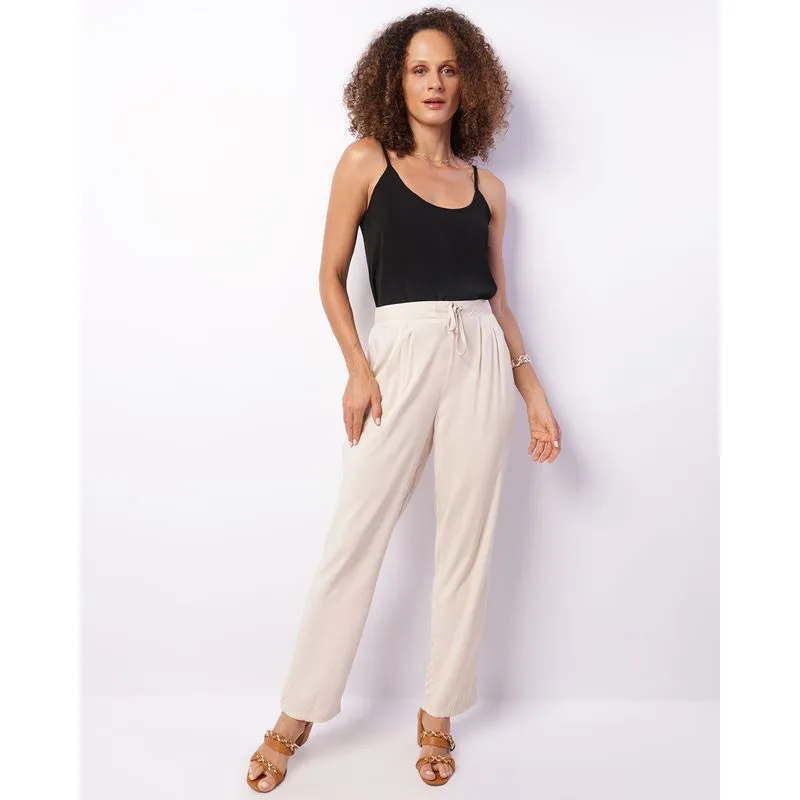 Calça Feminina Reta Berry & Co. Viscose Com Cordão Bege M