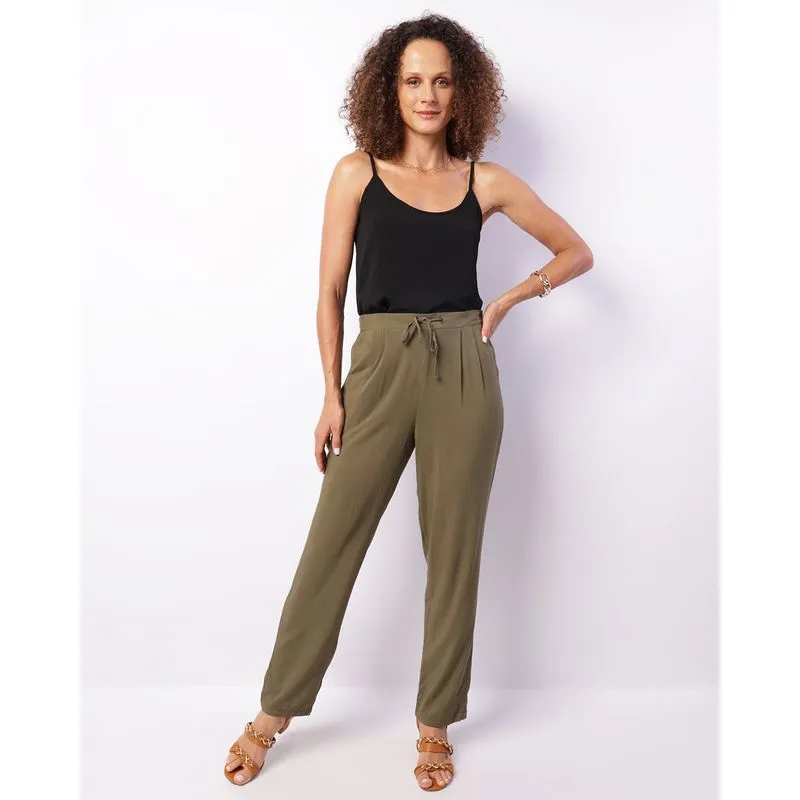 Calça Feminina Reta Berry & Co. Viscose Com Cordão Verde P