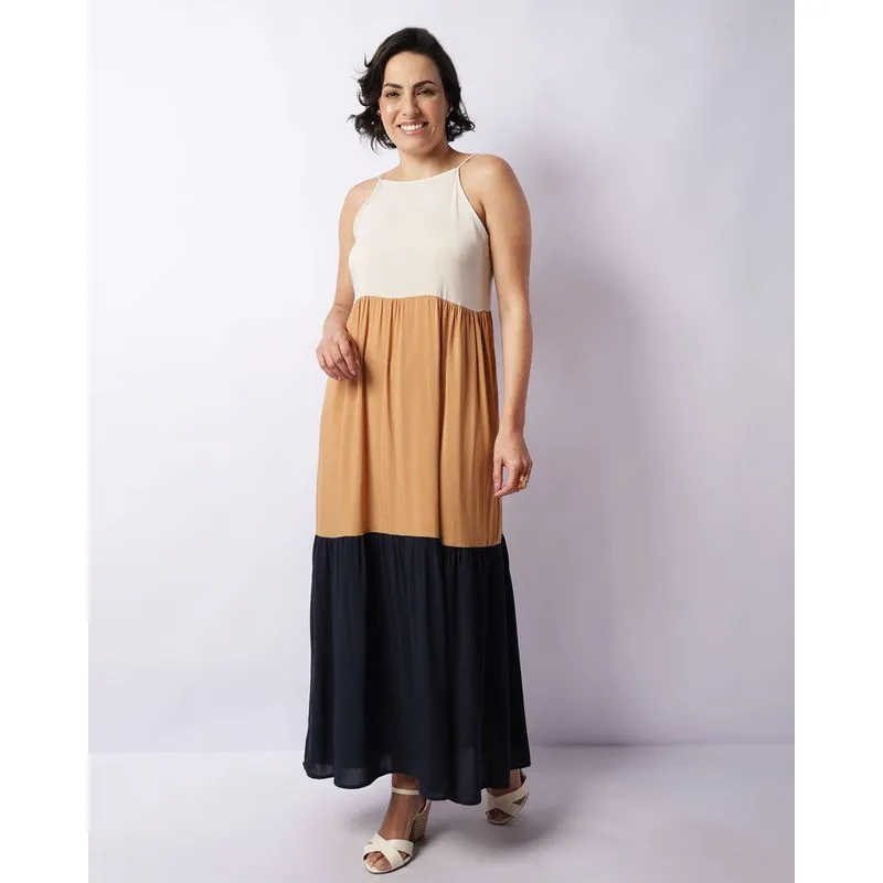 Vestido Feminino Longo Alcinha Viscose Tricolor Bege GG