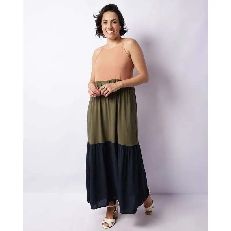 Vestido Feminino Longo Alcinha Viscose Tricolor Verde GG