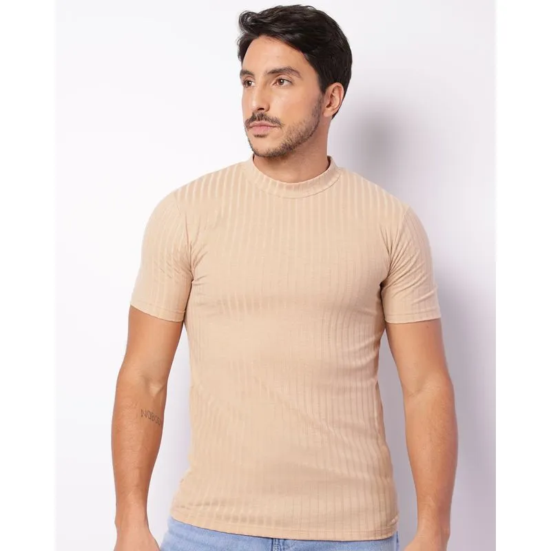 Camiseta Masculina Slim Texturizada Manga Curta Bege M